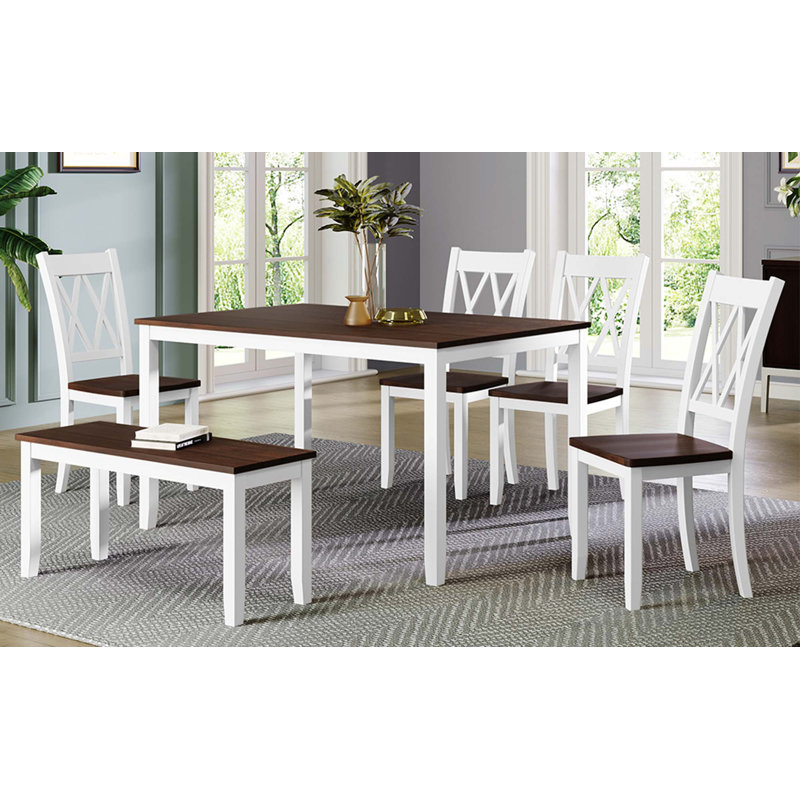 Ensemble de table de cuisine en bois 6 pièces, ensemble de table de salle à manger rustique rustique avec 4 chaises à dossier croisé et banc, blanc et cerisier
