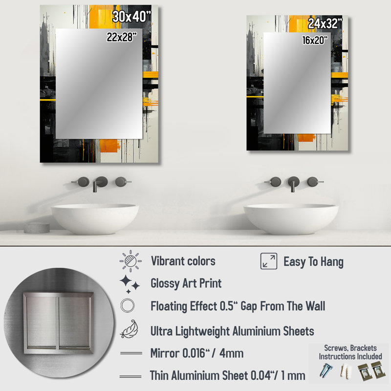 Yellow and Black Radiant Geometry collage I - Abstract Collages Wall Mirror, Modern Decorative Mirror, Printed Metal Art