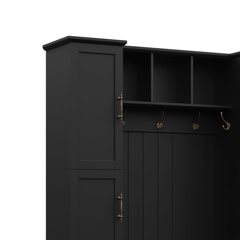 Farmhouse Elegant Hall Tree with 4 Side Cabinets, Black