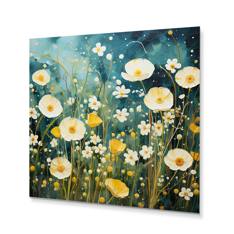 Teal White Buttercups Buttercup Meadow - Floral Metal Wall Decor, H 36 po x l 36 po x P 1 po