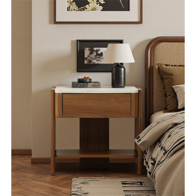 Mid-Century Modern End Table with Faux Travertine Top, Drawer and Open Shelf Nightstand