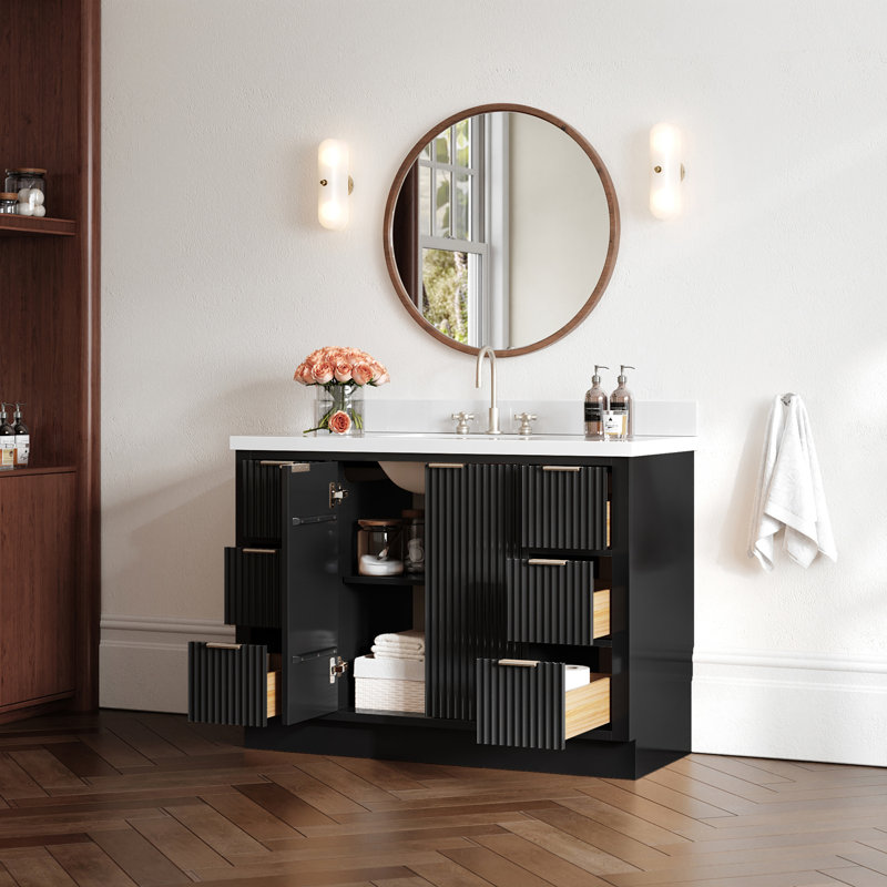 Meuble-lavabo simple en bois massif avec plateau en quartz 1,5 po Haun, Rectangulaire, Noir, noir, noir, noir, 49"