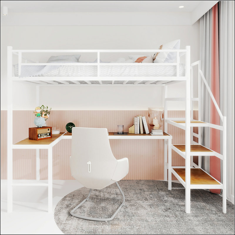 Lit mezzanine avec bureau en L, grand espace de rangement, structure robuste et conception silencieuse pour une utilisation optimale de l'espace et du confort.