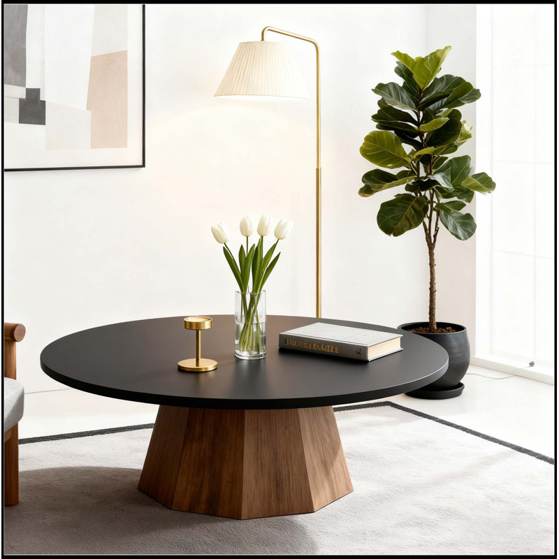 Table basse ronde avec piédestal robuste et placage d'écorce véritable, parfaite pour les salons haut de gamme et le divertissement à domicile