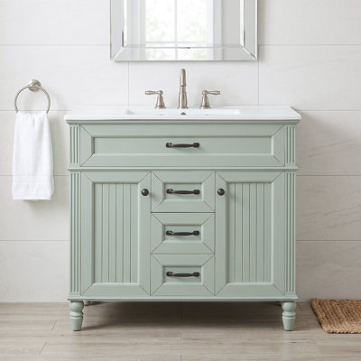 Meuble-lavabo autoportant moderne 36 po avec lavabo en céramique intégré, 2 tiroirs de rangement, portes à fermeture en douceur et tiroir supérieur escamotable