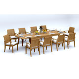12 Seats 13 Pcs Grade-A Teak Wood Dining Set: 122" Caranas Double Extension Rectangle Table And 12 Lagos Arm Chairs #11LG2912