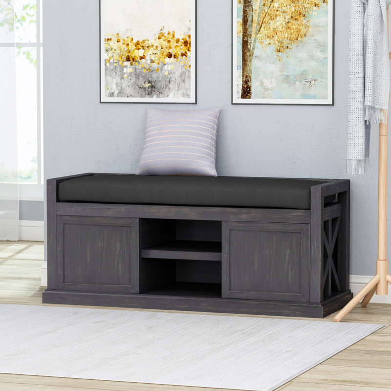 Banc de rangement en bois d'acacia, banc à chaussures avec coussin de siège rembourré, banc d'entrée avec 2 portes