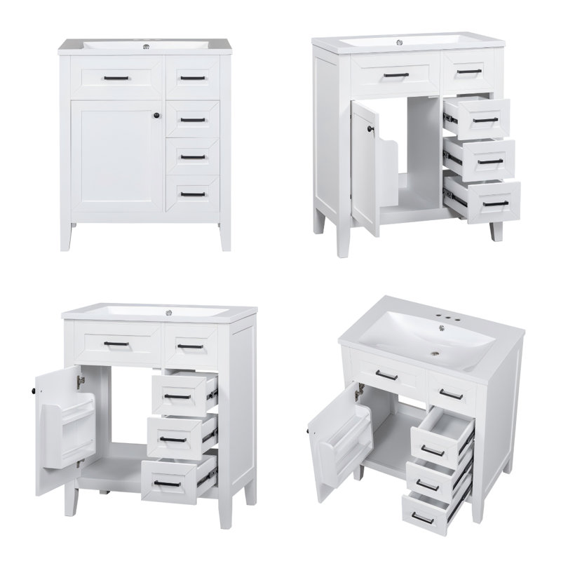 Ensemble de meuble-lavabo moderne 30 po avec lavabo, meuble autoportant blanc avec tiroirs et structure en bois massif, lavabo encastré / encastré en céramique pour rénovation de salle de bain