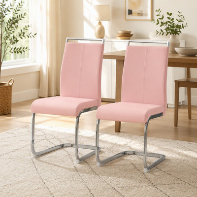 Ensemble de 4 chaises de salle à manger en polyuréthane rose avec pieds en métal argentés incurvés - Chaises à dossier minimalistes modernes pour les salles à manger à domicile.