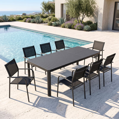 Table de salle à manger extensible en aluminium 9 pièces avec chaises empilables pour patio