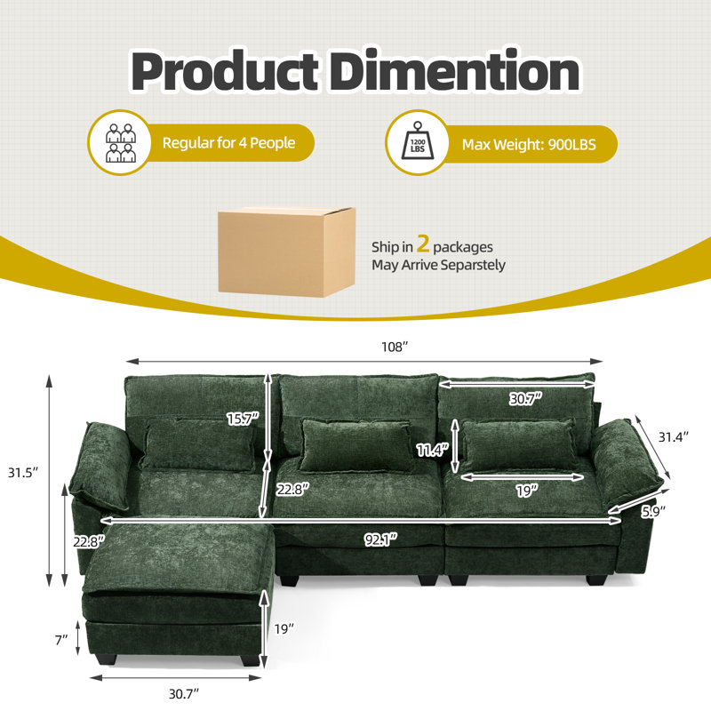 107.8'' Modular Sectional Sofa For Living Room, Cloud Couch Sectional With USB, Movable Ottoman, Green