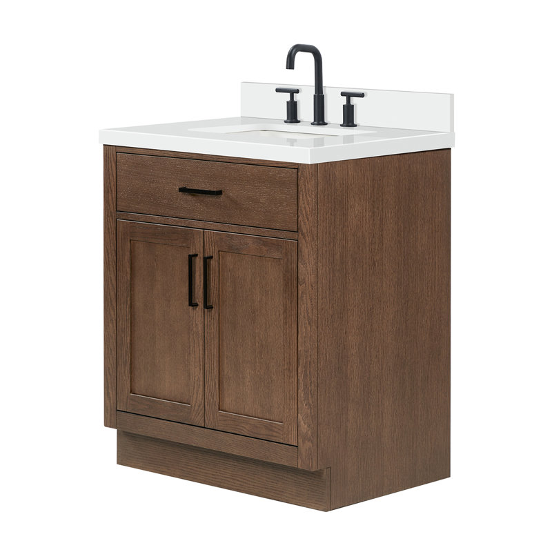 Thornaby 30'' Solid Wood Single Bathroom Vanity with 1.5'' Quartz Top, Rectangular, Brown Oak / Matte Black