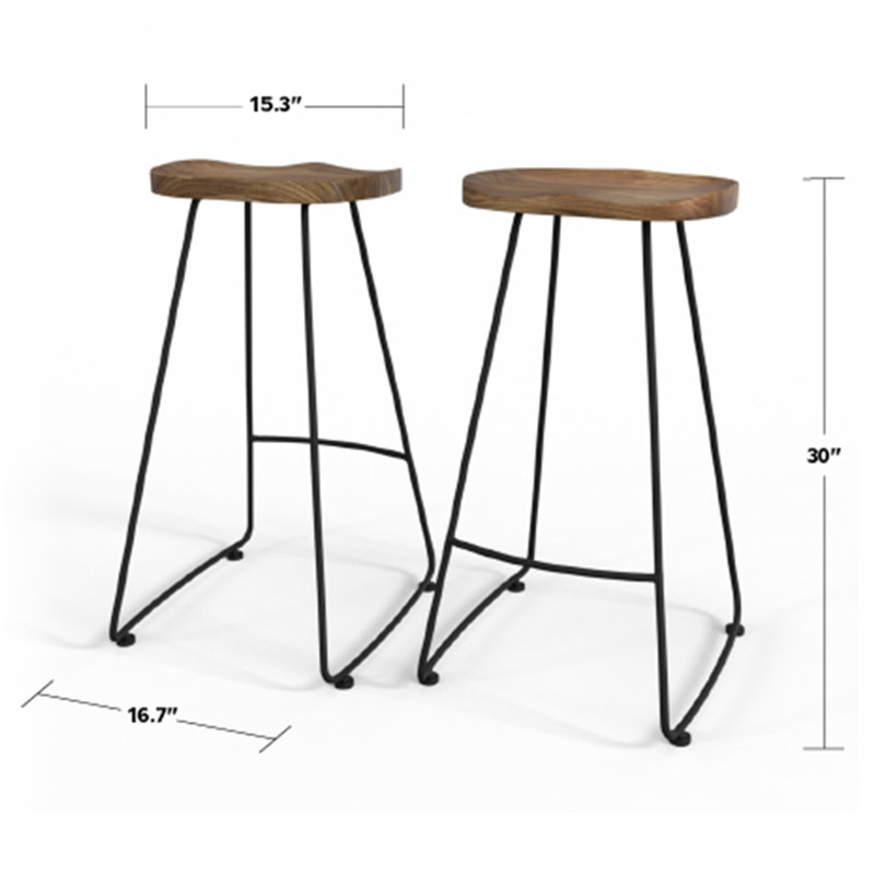 Rustic Black Elm Wood 30" Saddle Bar Stool, Set of 2