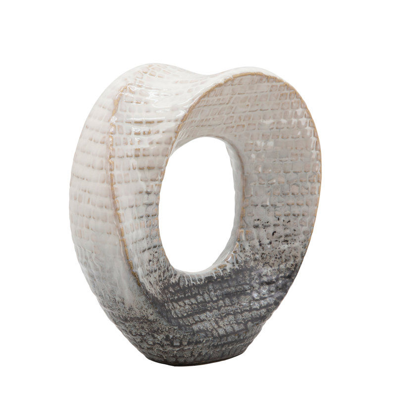 Modern Stoneware Ceramic Decorative Object, Ivory/Beige, 8" H x 8" W x 3" D