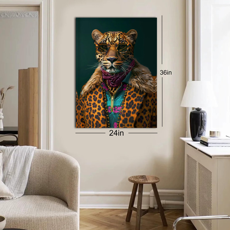 Affiche murale léopard maximaliste et éclectique, portrait animalier audacieux, léopard amusant avec lunettes de soleil, mode animalier pour