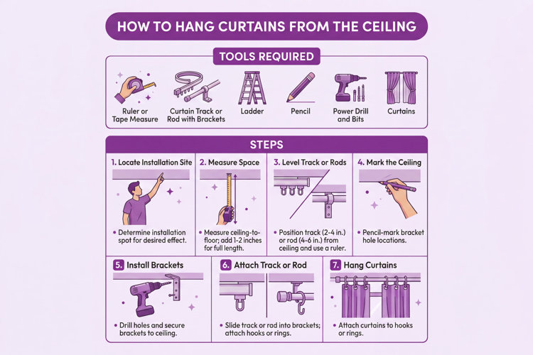 illustrated installation guide for hanging curtains from the ceiling