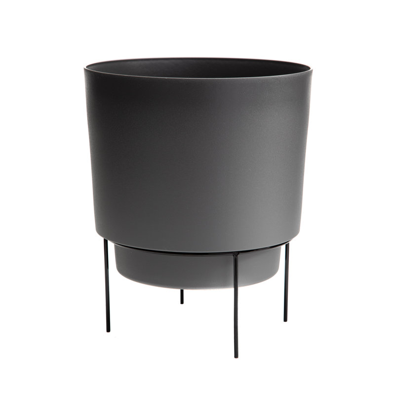 Ebern Modern Resin Pot Planter with Wooden Stand, Black, 16.5" H x 14" W x 14" D