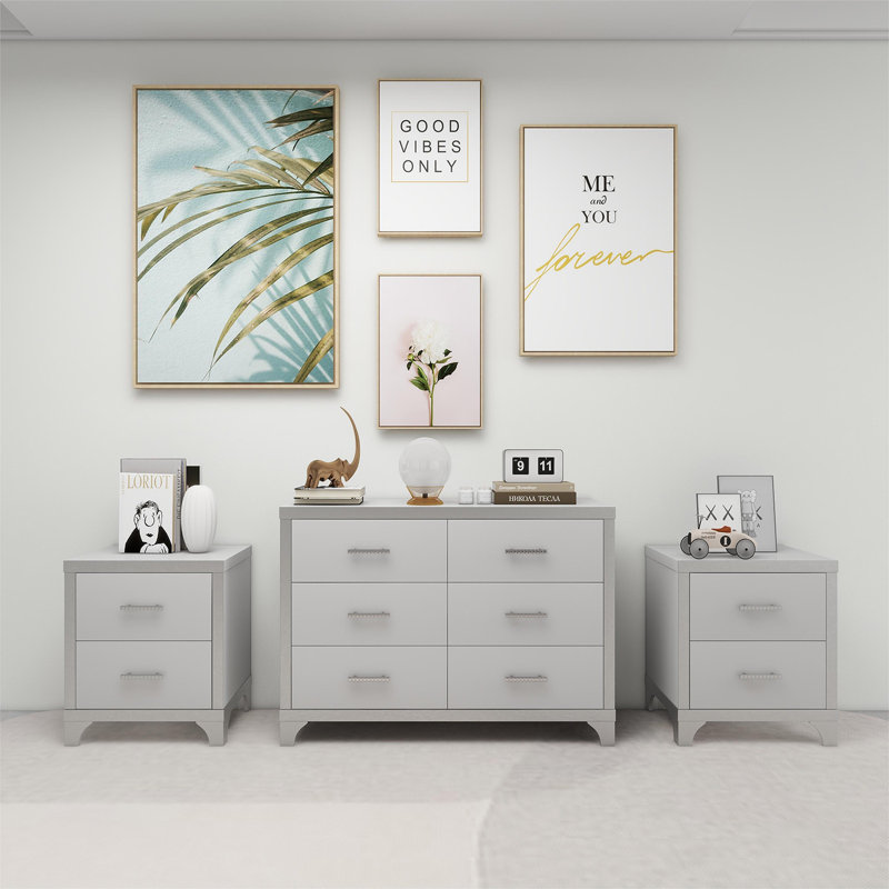 White 3-piece Set, Dressing Table And Two Bedside Tables, Including Metal Handles And Mirror Decoration