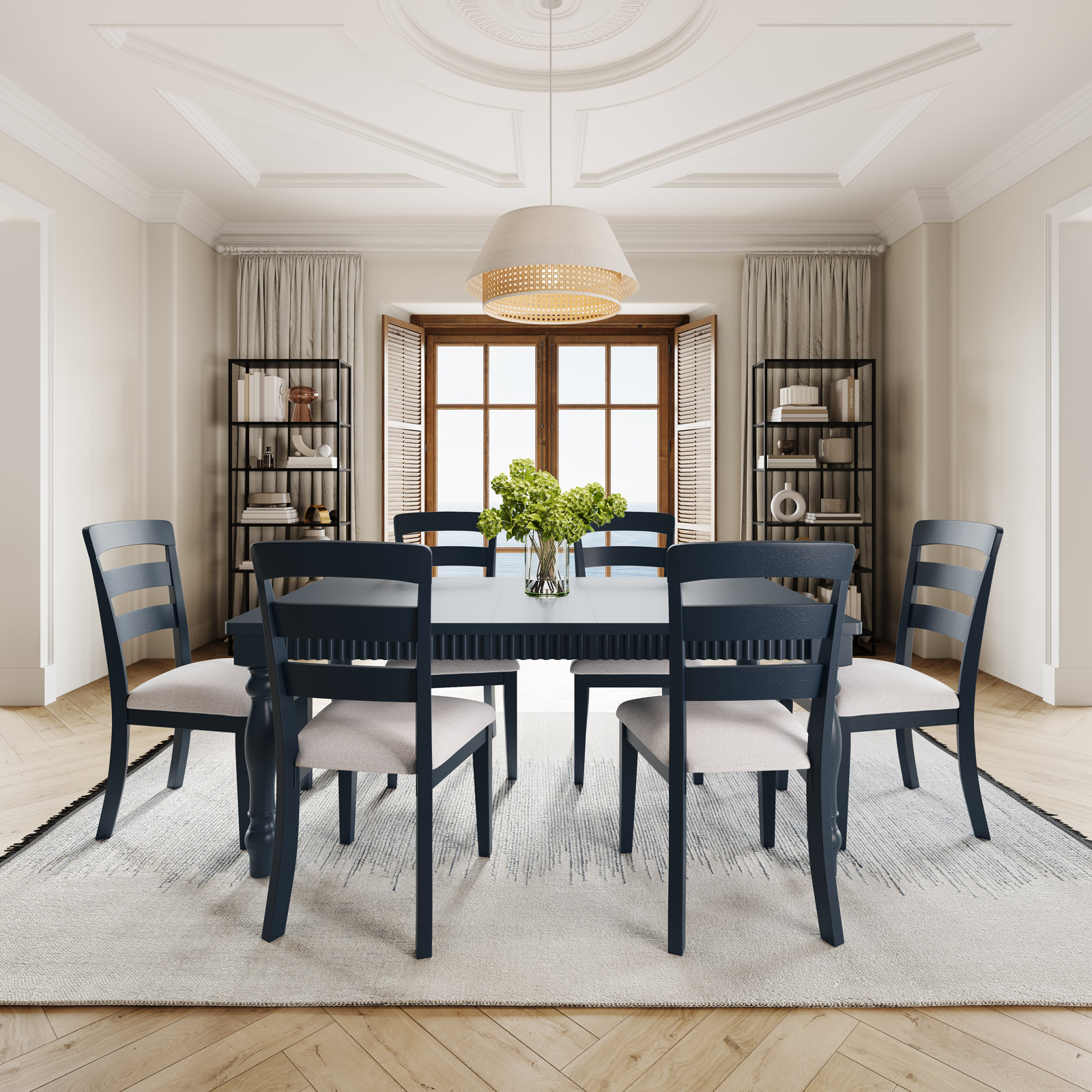 Alper Dining Set With Ladderback Chair, 7 Pieces: Table, 6 Chairs, Navy