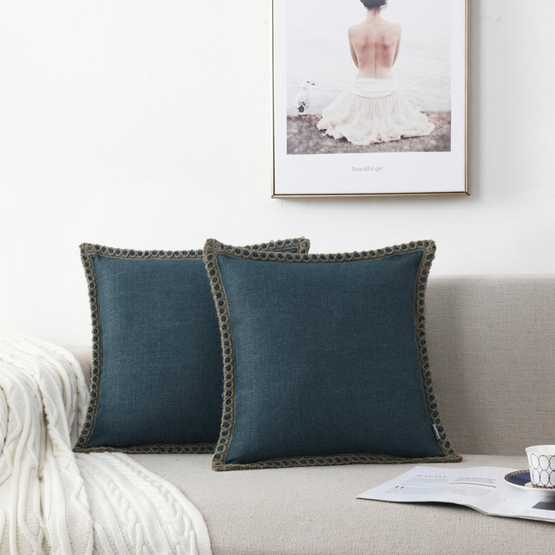 Housse de coussin en lin et polyester Farmhouse, H 24 po x l 24 po, Marine, Carrée