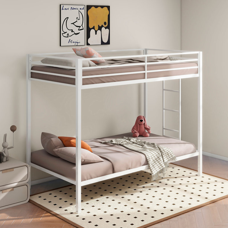 Alevera Metal Twin Over Twin Bunk Bed with Ladder White, Twin, White