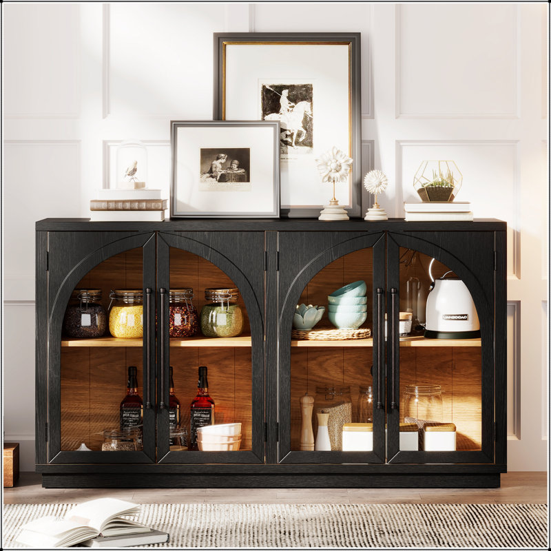 Grande armoire-buffet à 4 portes avec portes en verre, conception arquée et tablettes réglables pour une utilisation polyvalente