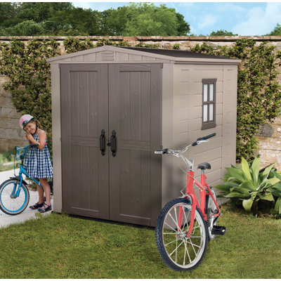 Keter Factor 6x6 ft. Durable Resin Outdoor Storage Shed With Floor and Double Doors for Garden Patio Furniture and Tools, Brown