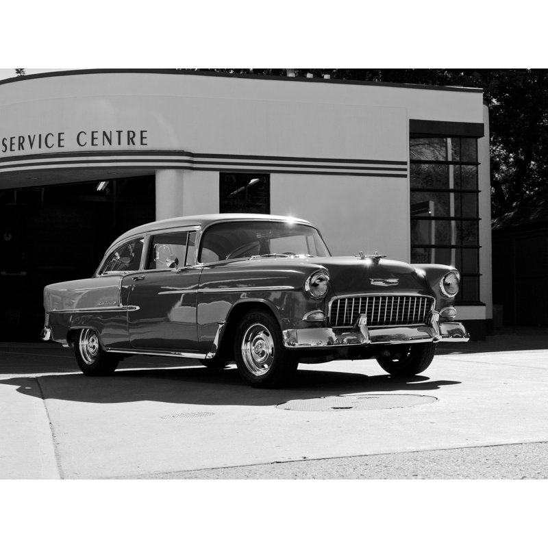 1955 Chev Belair 7 B&W par Clive Branson - reproduction d'art sur toile tendue, H 18 po x l 24 po