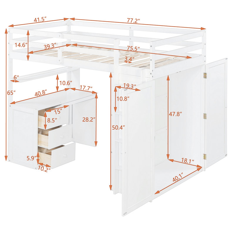 Lit mezzanine avec bureau intégré et garde-robe, Simple, Blanc