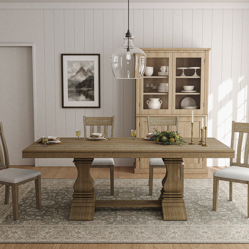Vitti Farmhouse  Rectangular 86'' L x 38''W Trestle Dining Table  Solid Wood Desktop with 2 Drawers, Light Brown