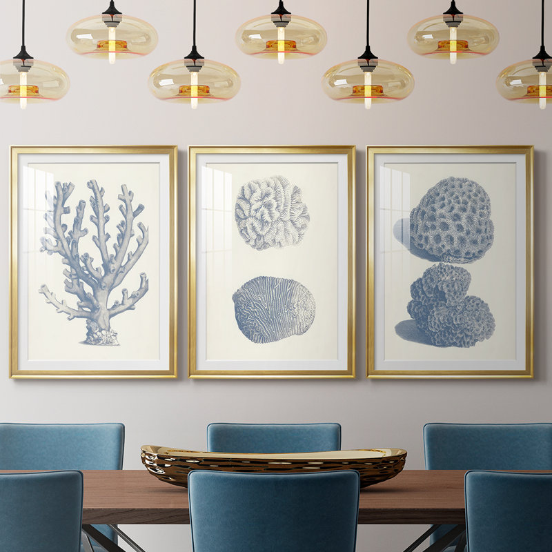 Antique Coral Collection VI - reproduction encadrée sur mesure de qualité supérieure mate - 3 pièces, H 15 po x l 19 po, Doré