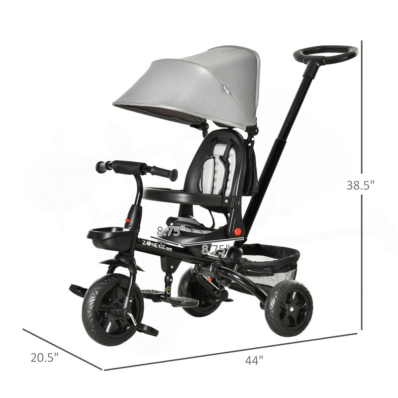 Tricycle pour bébé 4 en 1 tricolore avec siège réversible à angle réglable Poignée amovible Canapé main courante Ceinture de rangement Repose-pieds Frein pour 1-5 ans Gris
