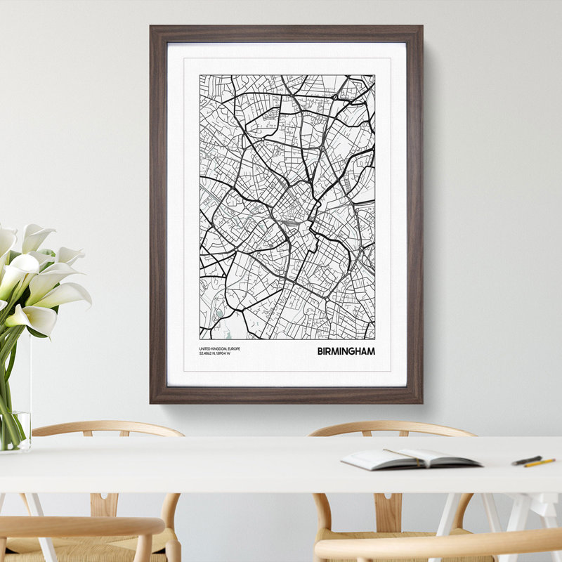 Map Birmingham UK - Picture Frame Graphic Art, 48cm H x 36cm W x 2cm D, Walnut Framed