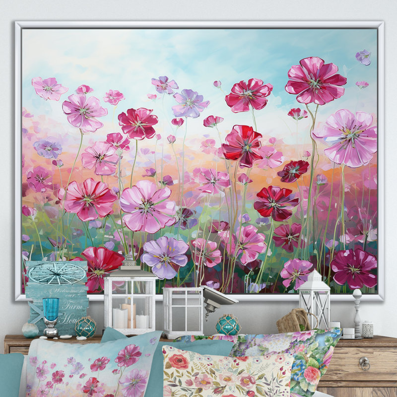 Fleurs de géraniums élégantes sur toile, Cadre flottant blanc, H 24 po x l 32 po x P 0,5 po