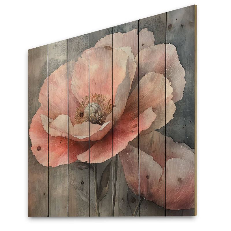 Faded Pink Peony Dance On Stone - Poppies Wood Print - On Natural Pine Wood, 30" H x 30" W x 0.78" D