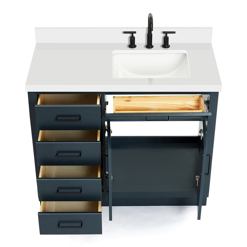 Meuble-lavabo simple en bois massif 42 po Tidworth avec plateau en quartz blanc 1,5 po, Oui, Forme rectangulaire, Bleu minuit