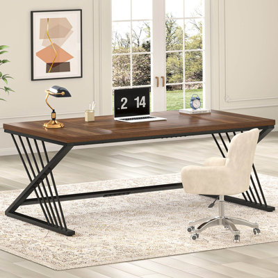 Cheryel 70.87" Modern Wood and Metal Computer Desk, Walnut