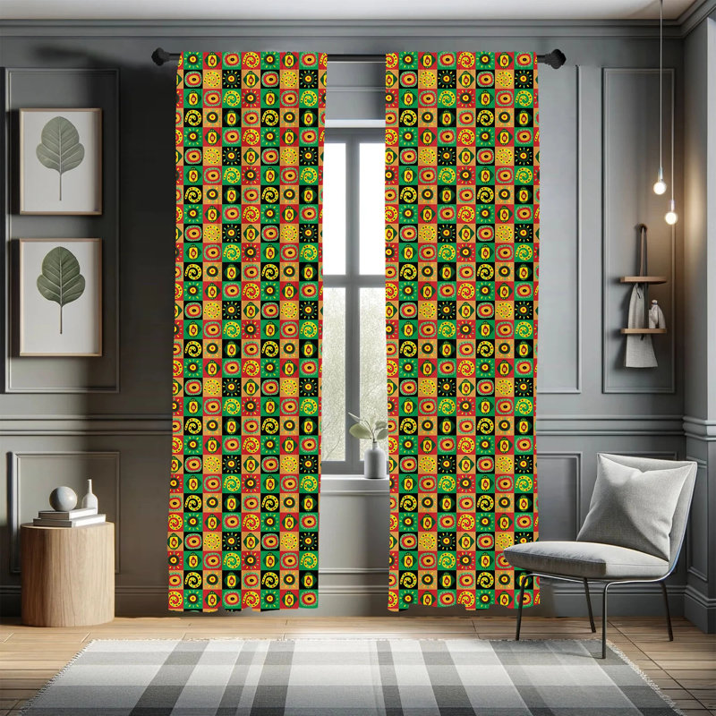 African Abstract Semi-Sheer Rod Pocket Curtain Panels, 28" x 84"