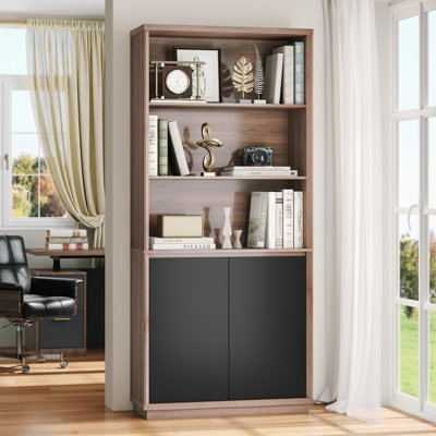 78"H 5-Tier Extra Tall Wood Bookcase with Doors & Adjustable Shelves – Heavy-Duty Display Shelving Unit for Living Room & Home Office