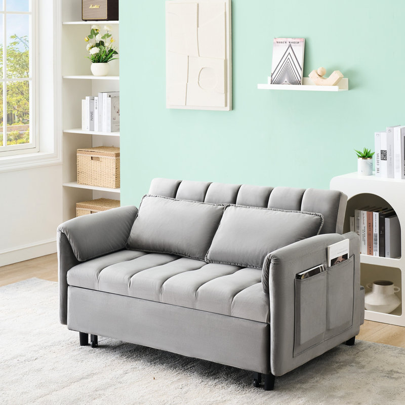 52" Grey Velvet Pullout Bed, Comfortable And Versatile For Living Room Guest Convertible 3 In 1 With Sponge Filled Cushion Use