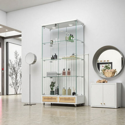 Glass Display Cabinet with LED Lights, 2 Drawers & Wheels, 13-Color Remote Control, Tempered Glass Bookshelf