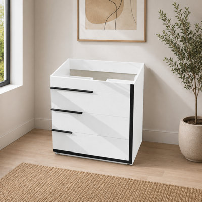 Meuble-lavabo autoportant de 74,2 cm (29,21 po) avec finition contrastée blanche et noire, 3 tiroirs, glissières à fermeture amortie, MDF, lavabo non inclus