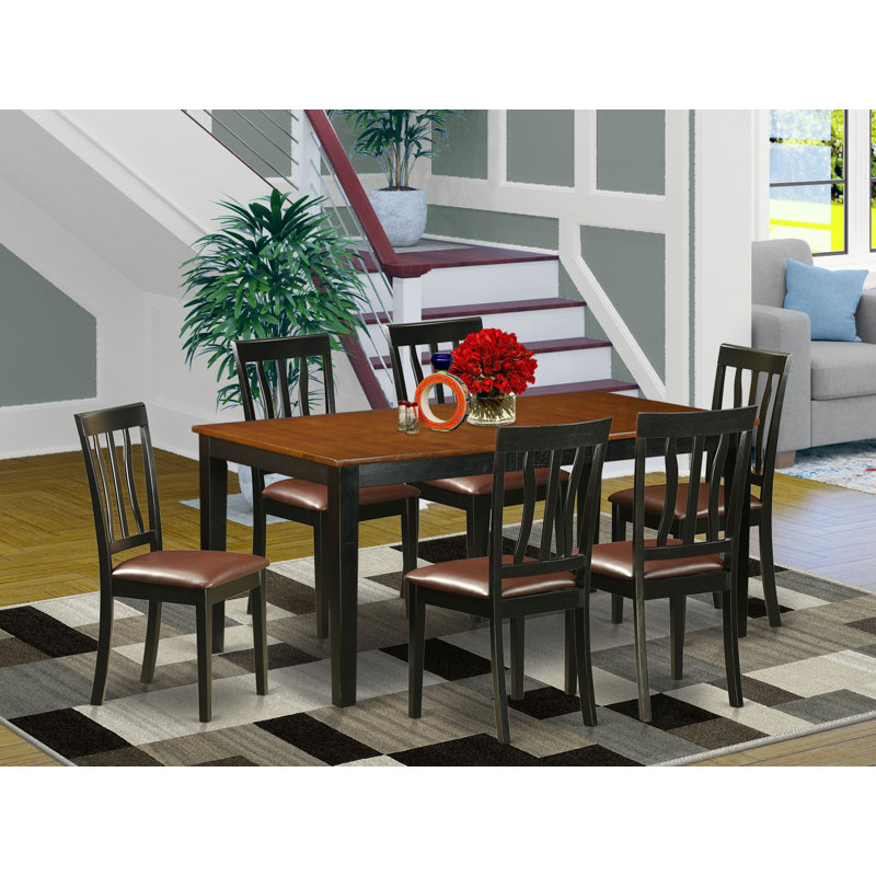 7 Piece Dining Room Furniture Set Consist of a Rectangle Kitchen Table with Butterfly Leaf and 6 Faux Leather Chairs, Black & Cherry