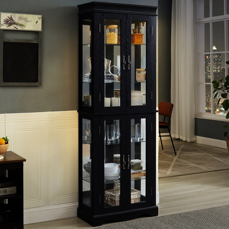 Rangement en verre éclairé avec tablettes réglables, charnières, éclairage d'armoire pour éclairage ambiant, salon et cuisine élégants à dessus carré