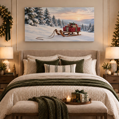 Art mural sur toile traîneau avec cadeaux dans la forêt enneigée au coucher du soleil