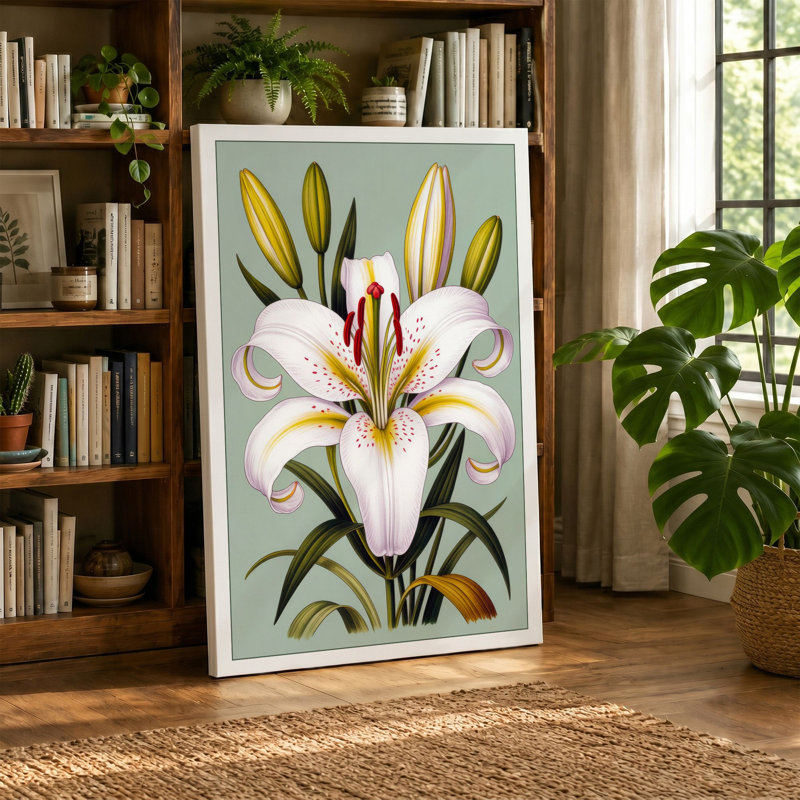 White Lily Study Botanical - Wrapped Canvas, 30x20 - 76.2 x 50.8 cm, Teal Border