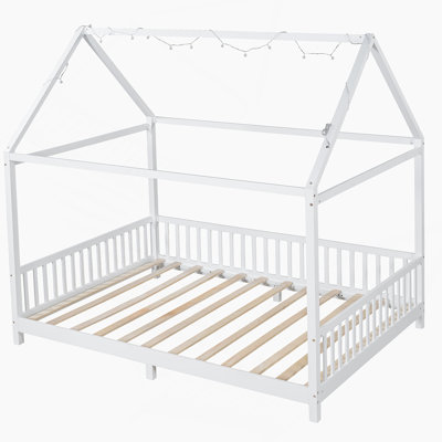 Lit double en bois avec garde-corps et DEL, bois, blanc
