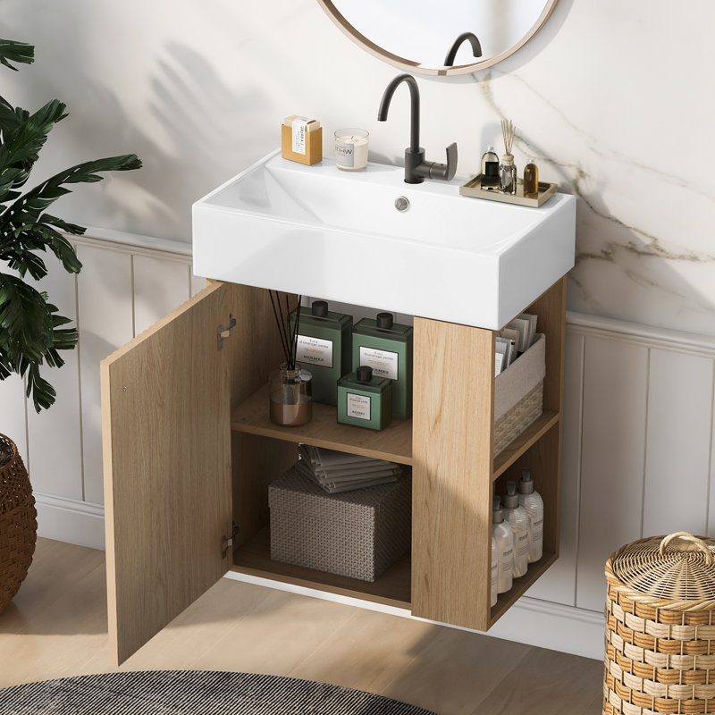 Ensemble de meuble-lavabo flottant moderne 21,6 po avec lavabo en céramique Micheal, Bois