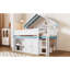 Lit mezzanine double blanc et bleu avec auvent, structure en bois, grand espace de rangement pour équipement de jeu avec toit à baldaquin, construction, accessoires de chambre à coucher-343529459