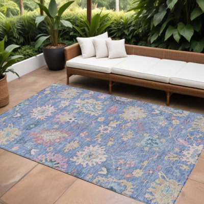 Tapis extérieur lavable floral bleu rose et ivoire 10 pi x 14 pi